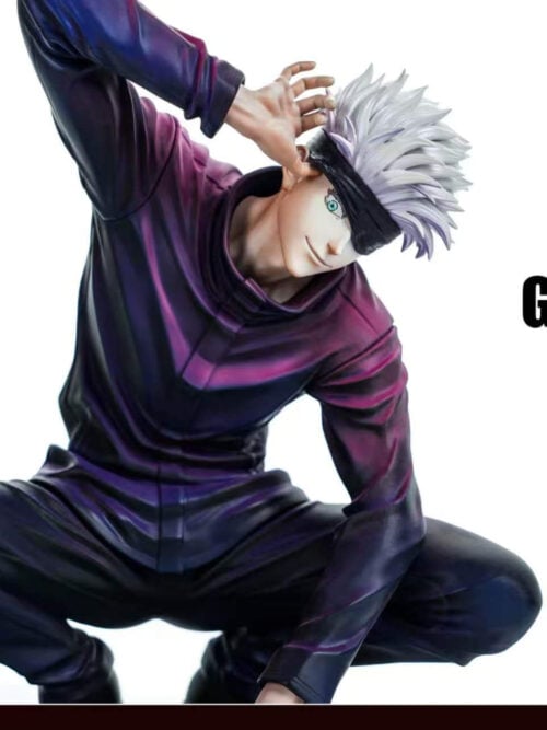 Satoru Gojo in a low crouch against a white background, with one eye revealed beneath his raised blindfold.