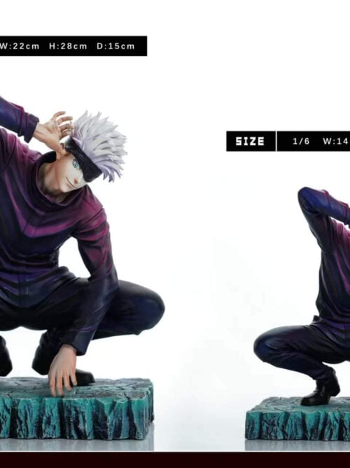 Satoru Gojo scale comparison: 1/4 measures W22 × H28 × D15 cm; 1/6 measures W14 × H18 × D10 cm.