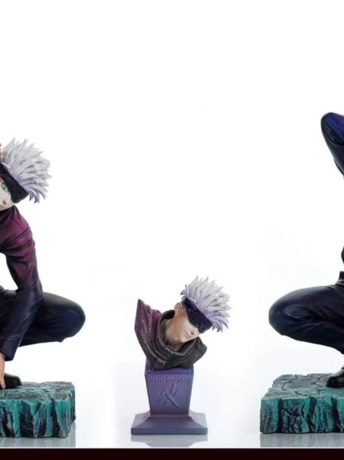 Side-by-side displays of Satoru Gojo with revealed-eye and fully blindfolded heads, plus a separate head display stand between them.