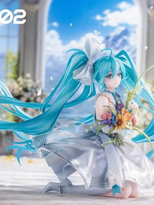 Hatsune Miku kneeling with a sunflower bouquet, sweeping turquoise twin-tails and a silver-white dress patterned with musical staffs.