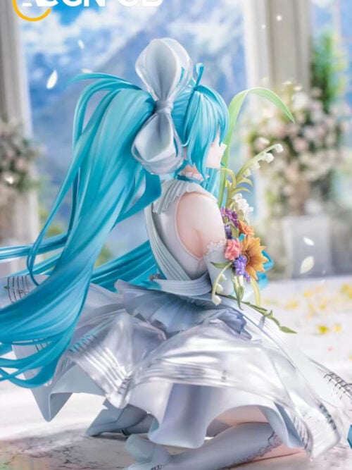 Side view of kneeling Hatsune Miku with a large hair bow, turquoise twin-tails, flower bouquet and layered silver-white dress.
