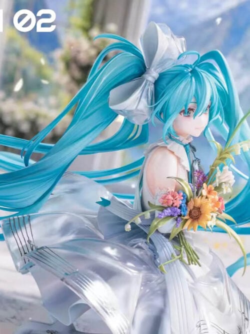 Three-quarter detail of Hatsune Miku holding a sunflower bouquet, with turquoise twin-tails sweeping across silver-white musical-staff skirt panels.