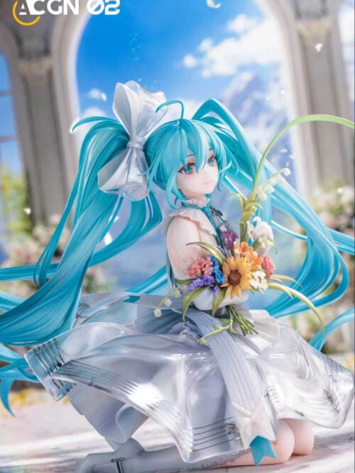 Close view of Hatsune Miku's smiling face, large silver-white hair bow and colorful sunflower bouquet above a musical-staff dress.