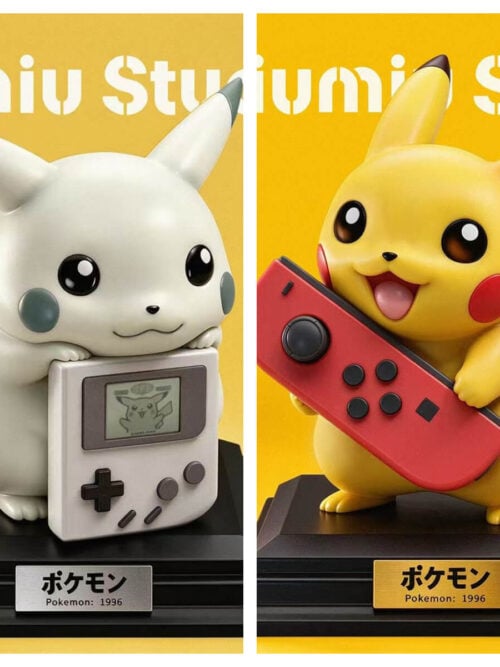 Side-by-side comparison of monochrome Pikachu with a handheld console and yellow Pikachu with a red controller.
