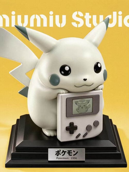 Monochrome Pikachu resting its chin and paws on a handheld console above a black base with a silver-colored nameplate.