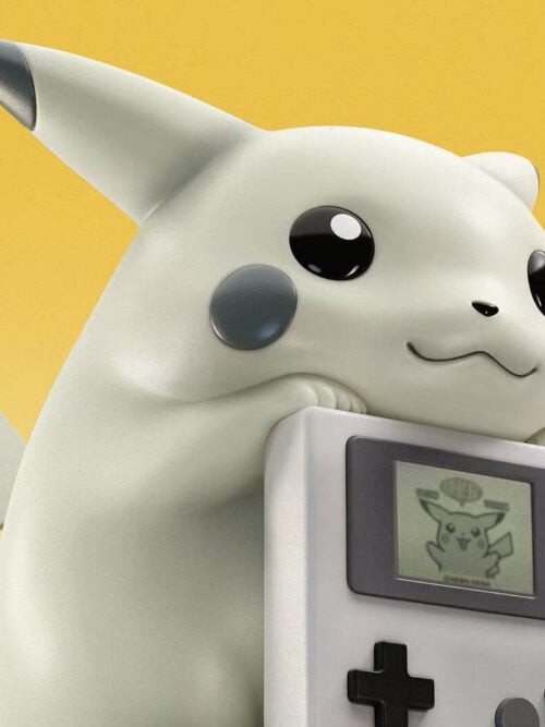 Close-up of monochrome Pikachu resting on a handheld console, with a Pikachu graphic visible on the screen.