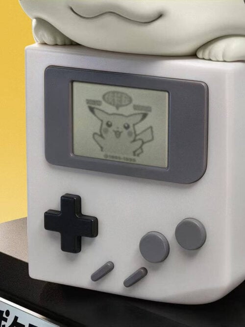 Handheld console detail beneath Pikachu's chin and paws, showing a Pikachu screen graphic, directional pad and gray buttons.