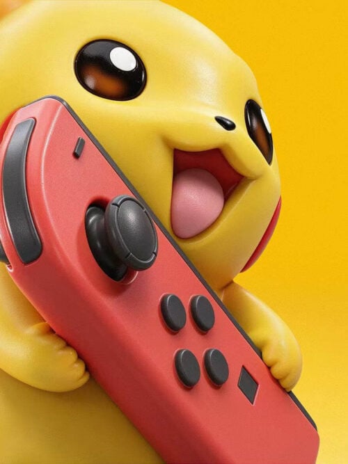 Angled close-up of Pikachu hugging a red controller, showing its joystick, shoulder button and face buttons.