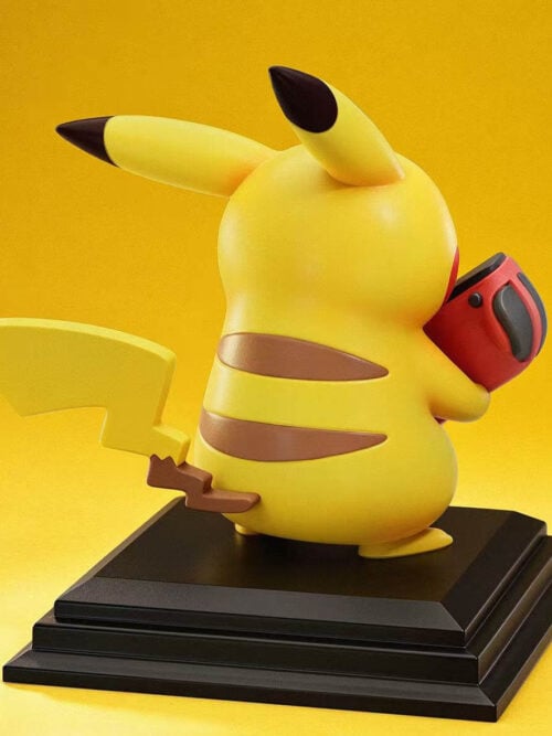 Rear three-quarter view of yellow Pikachu with brown back stripes, lightning-shaped tail and a stepped black base.
