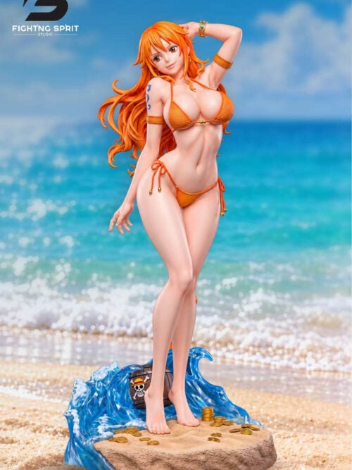 Front view of Nami in an orange bikini, standing on a sandy base with blue waves, gold-colored coins and a straw-hat skull barrel.