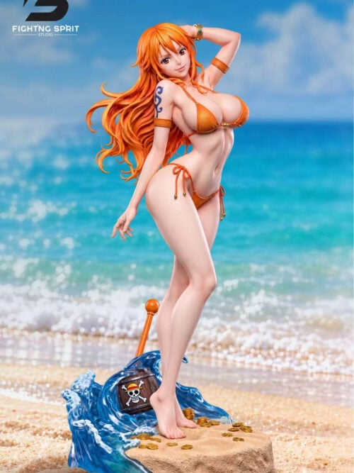 Three-quarter view of Nami in an orange bikini on a wave-and-sand base, with a size label reading 30 × 11 × 12 cm.
