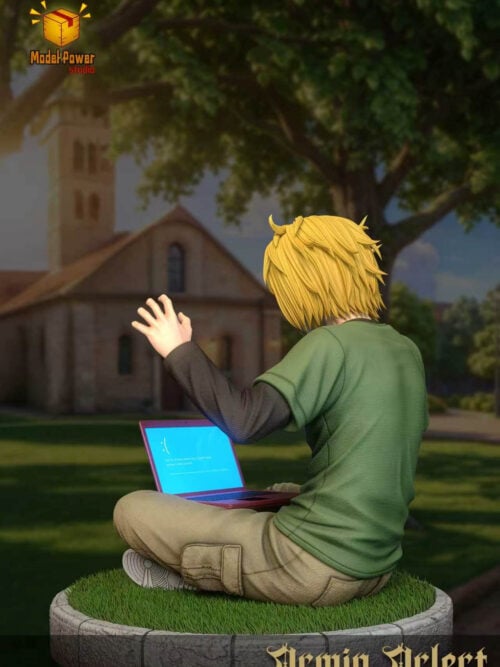 Rear view of Armin Arlert seated cross-legged on a grass-covered base, with a blue error screen visible on his laptop.