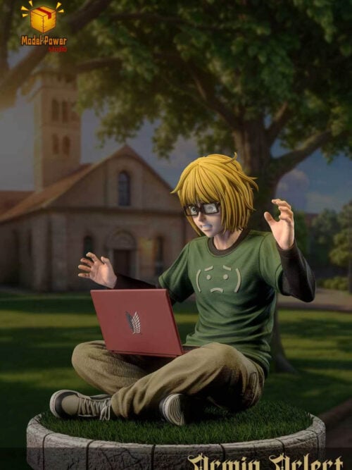 Three-quarter view of Armin Arlert with raised hands, a green graphic shirt and a red laptop, seated on a grass-covered base.