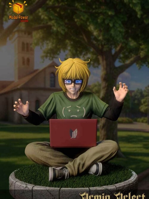 Armin Arlert statue seated cross-legged with glasses, raised hands and a red laptop on a round grass-covered base.