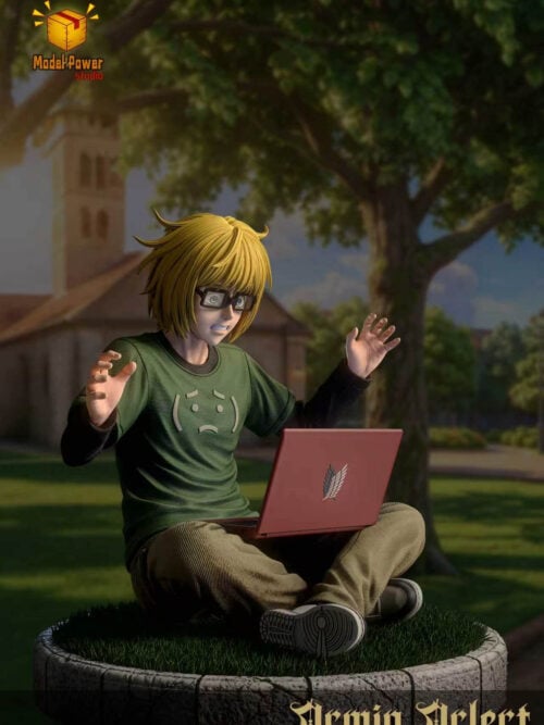 Alternate three-quarter view of Armin Arlert seated with a red laptop, raised hands and one sneaker sole facing forward.