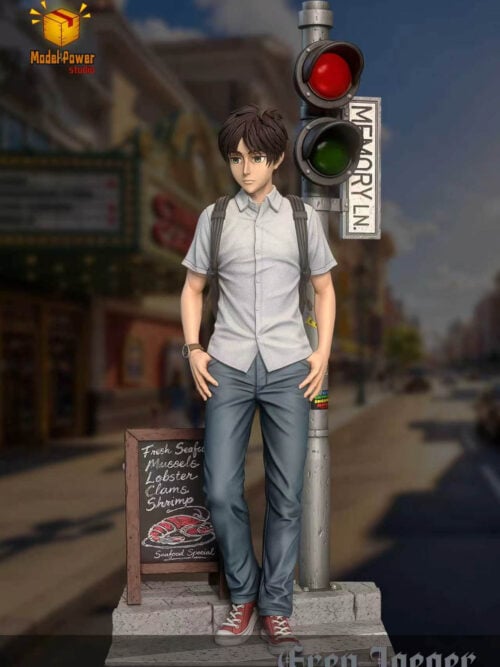 Full front view of Eren Jaeger with backpack straps, a traffic signal, a Memory Ln. sign and a menu board on a sidewalk base.