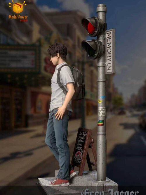 Side view of Eren Jaeger showing his black backpack, red sneakers, traffic signal and menu board on the sidewalk base.