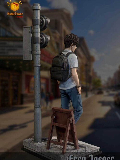 Rear three-quarter view of Eren Jaeger showing his black backpack and the backs of the traffic signal and menu board.