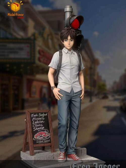 Eren Jaeger statue in a gray shirt and red sneakers, standing beside a traffic signal and seafood menu board on a sidewalk base.