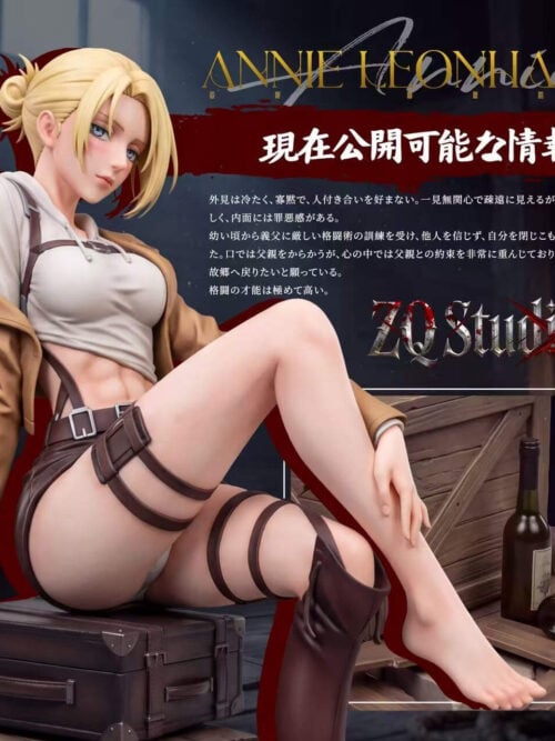 Annie Leonhart Tipsy Version detail collage showing her face, seated pose, clothing straps, boot and bottle props.