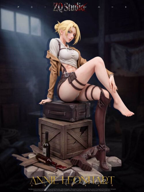 Front three-quarter view of Annie Leonhart seated on a case and crate above cracked paving, with bottles and a loose boot.