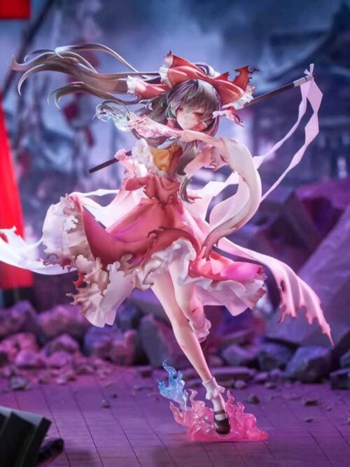 Reimu Hakurei statue with windswept hair, a paper-streamer wand, torn red-and-white clothing and pink-and-blue effects beneath her foot.
