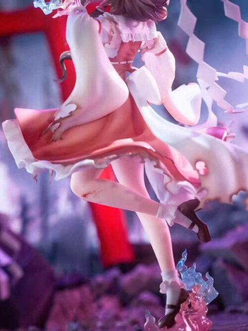 Rear detail of Reimu Hakurei showing flowing white sleeves, a ragged red skirt, one bent leg and translucent effects around the lowered shoe.