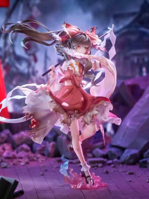 Full front view of Reimu Hakurei with a flared red skirt, long white sleeves, trailing paper streamers and pink-and-blue effects at her foot.