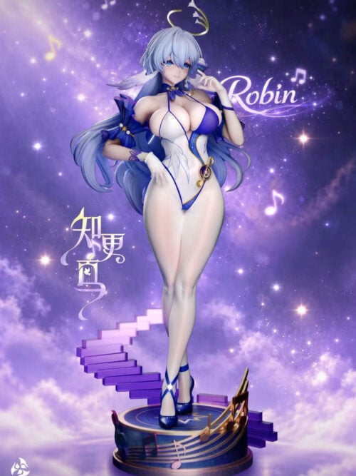 Robin statue in a white-and-purple bodysuit, with crossed legs and a bird on her raised finger, standing on a musical-note base.