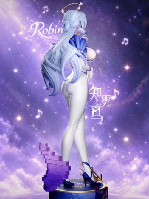 Rear three-quarter view of Robin showing flowing pale-blue hair, blue heels, and purple steps curling around a circular base.
