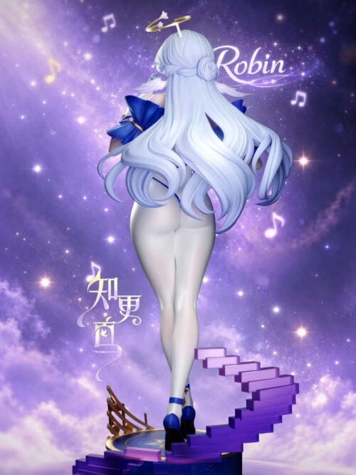 Rear view of Robin with a gold halo, long curled pale-blue hair, and purple steps wrapping around the display base.