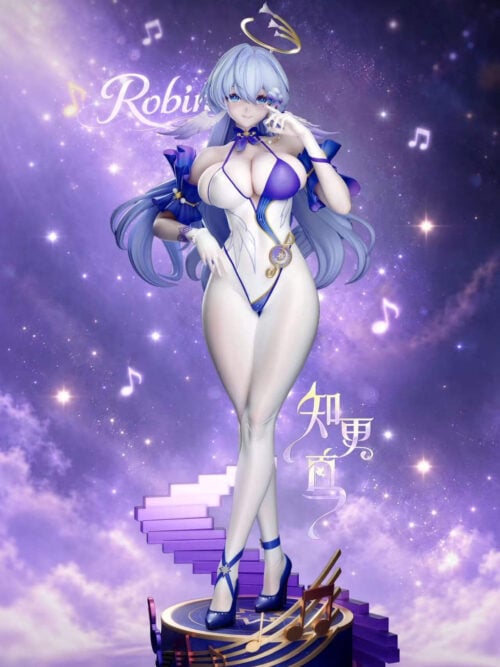 Full-length front view of Robin with a bird beside her face, gold-trimmed bodysuit, and a circular base with musical notes and purple steps.