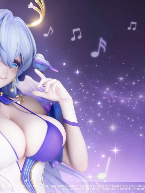 Close-up of Robin's face, pale-blue hair, feather-like ear ornaments, and a small purple-and-blue bird perched on her raised finger.
