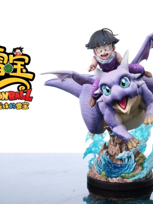 Full view of Son Gohan riding Icarus on a rocky blue-wave base against white, with a large graphic logo at left.