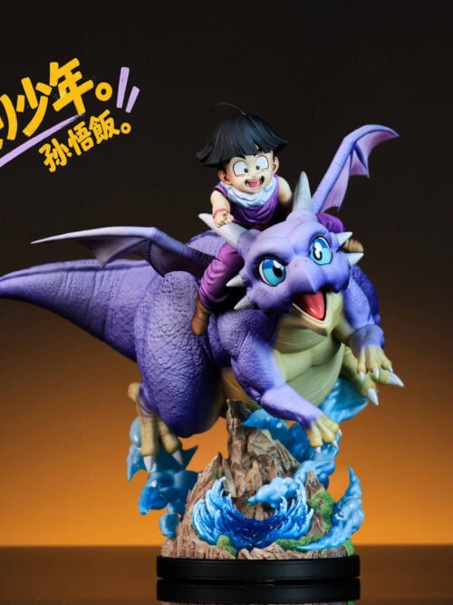 Full front three-quarter view of Son Gohan riding Icarus, with an extended tail, spread wings and blue effects above a rocky base.