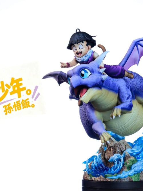 Three-quarter view of Son Gohan riding Icarus above blue effects and a rocky base, with yellow lettering on a white background.