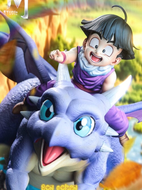 Portrait close-up of Son Gohan's pointing hand and smiling face above Icarus's blue eyes and open mouth.