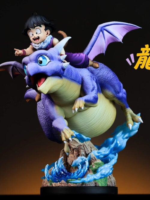Son Gohan riding Icarus above a rocky base with blue waves and swirling effects, against a dark background.