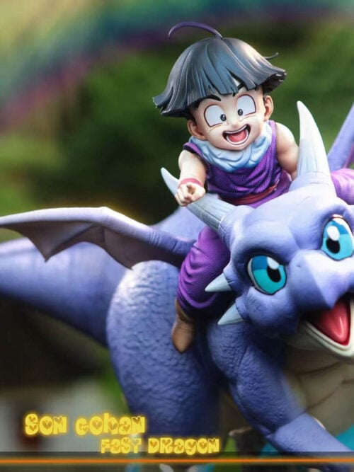 Son Gohan riding Icarus in a front three-quarter promotional view, with spread wings and the dragon's tail extending left.
