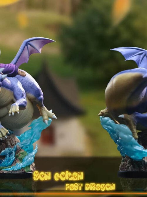 Side-by-side front and rear views of the same Son Gohan and Icarus statue, showing the wings, tail and scenic base.