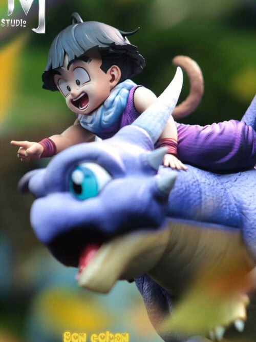 Promotional close-up of Son Gohan pointing while riding Icarus, with MJ Studio branding and an illustrative-image notice.