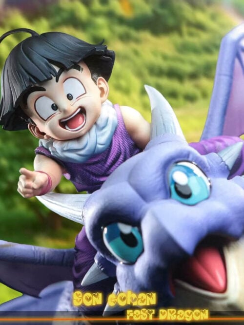 Angled close-up of Son Gohan and Icarus with open smiles, a raised purple wing and a green scenic backdrop.