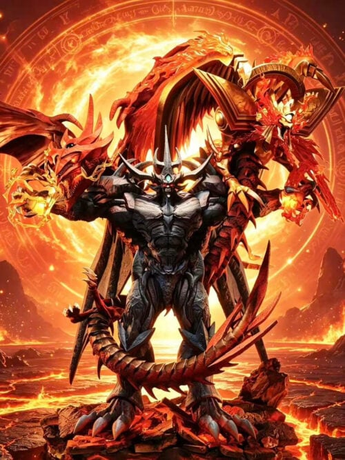 FourHorsemen Studio The Winged Dragon of Ra, Slifer the Sky Dragon, and Obelisk the Tormentor statue in a front view against an illustrated lava and rune-circle backdrop