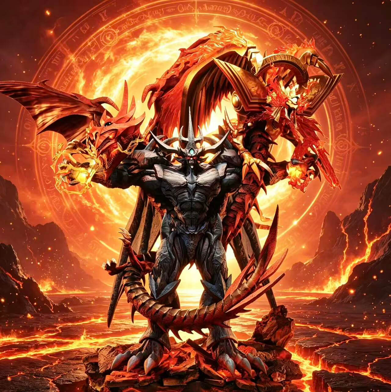 The Winged Dragon of Ra, Slifer the Sky Dragon & Obelisk the Tormentor Statue Promotional Front View FourHorsemen Studio The Winged Dragon of Ra, Slifer the Sky Dragon, and Obelisk the Tormentor statue in a front view against an illustrated lava and rune-circle backdrop