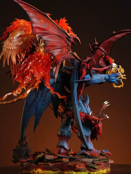 Rear three-quarter view of the FourHorsemen Studio Egyptian Gods statue showing Slifer's spread red wings, Ra's golden feathered wings with translucent flames, and Obelisk's back spikes
