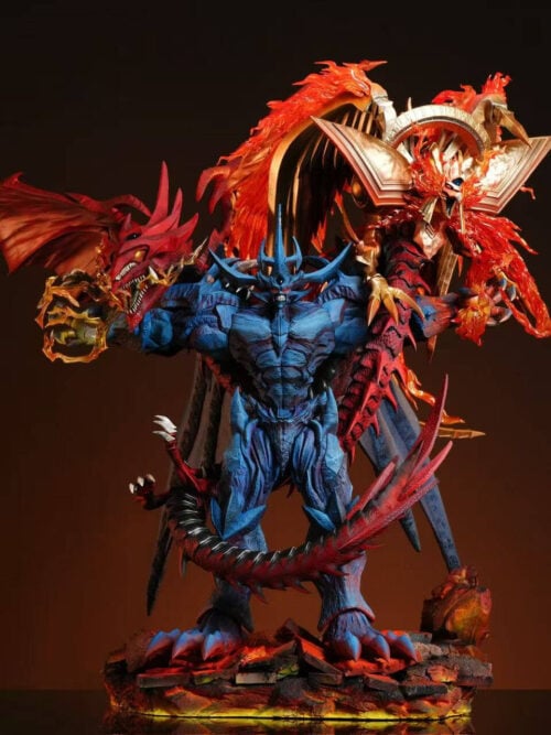 FourHorsemen Studio Egyptian Gods statue front view against a dark background, showing blue Obelisk the Tormentor on a glowing rock base with Slifer the Sky Dragon and The Winged Dragon of Ra