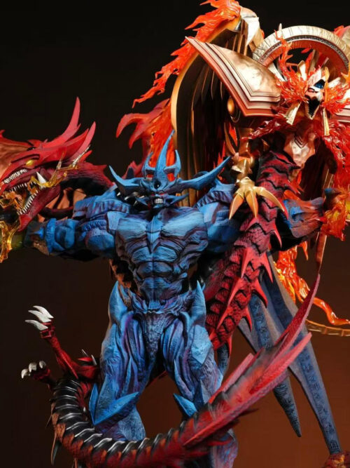 Medium front view of the FourHorsemen Studio Egyptian Gods statue showing Obelisk the Tormentor with arms extended, Slifer the Sky Dragon on the left, and The Winged Dragon of Ra on the right