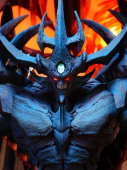 Close-up of Obelisk the Tormentor's horned head with illuminated green forehead gem and red eyes, flanked by Slifer's lightning effects and Ra's golden claws