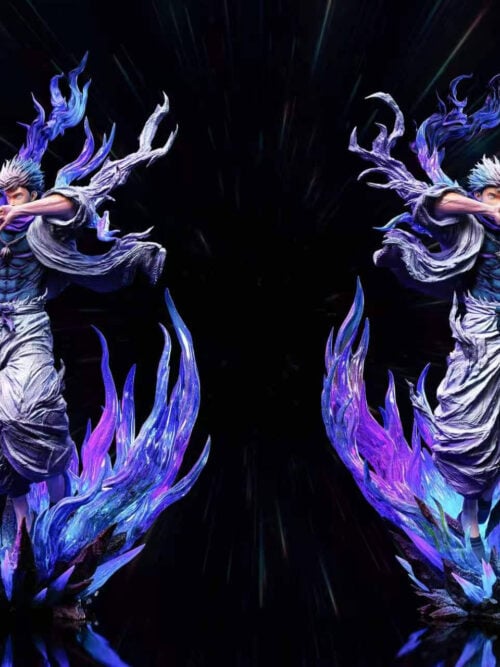Side-by-side front-left and front-right three-quarter views of the 1/6 Satoru Gojo statue with swept-back hair, white haori, and translucent purple and blue energy plumes.