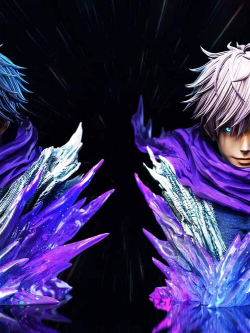 Two angles of the Satoru Gojo accessory pack bust featuring lowered spiky bangs, glowing blue eyes, a purple scarf, and a jagged purple-and-blue crystalline stand.